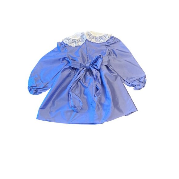 Vintage 80s Polly Flinders Girls Blue Long-Sleeve Dress Lace Back Tie Sz 4 - Picture 6 of 7